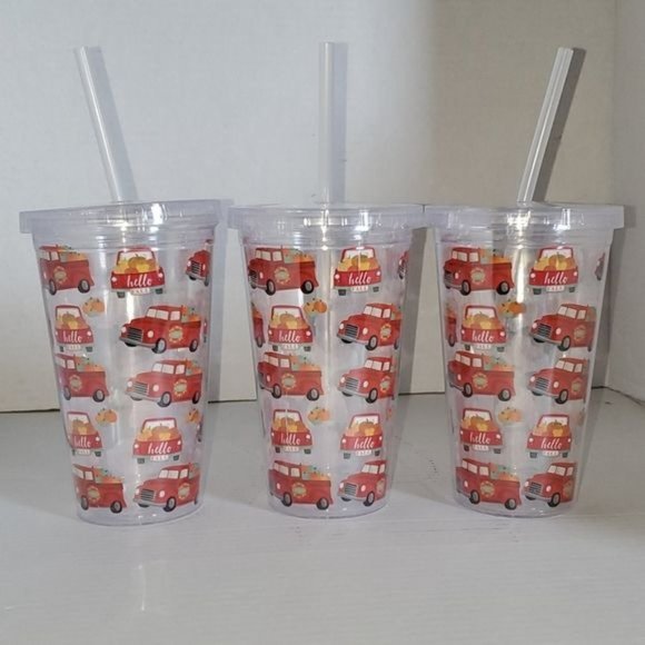 SET OF 3 Fall Travel Tumbler Cold Cup Straw Red Truck Drink 16oz Pumpkins - Picture 3 of 7